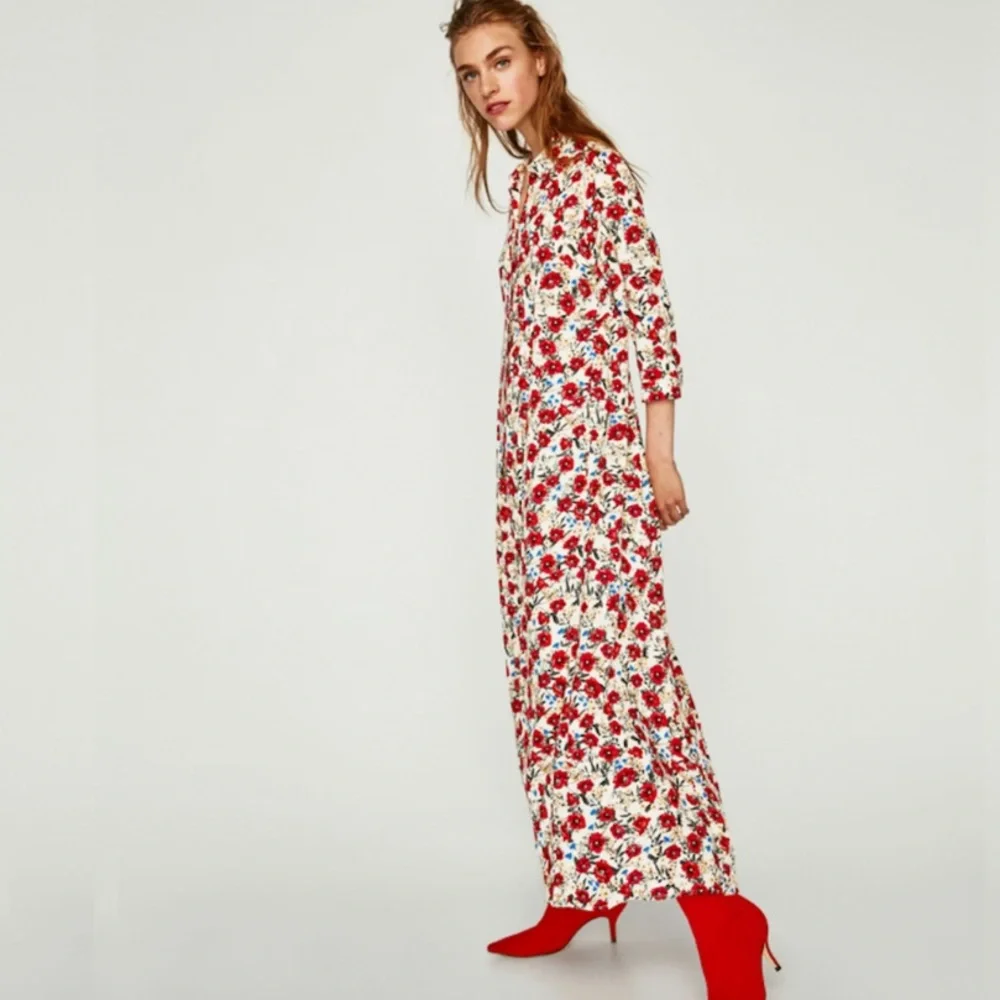 Zara White Floral Long Sleeve Wrap Dress with Red Accents - Picture 2 of 9